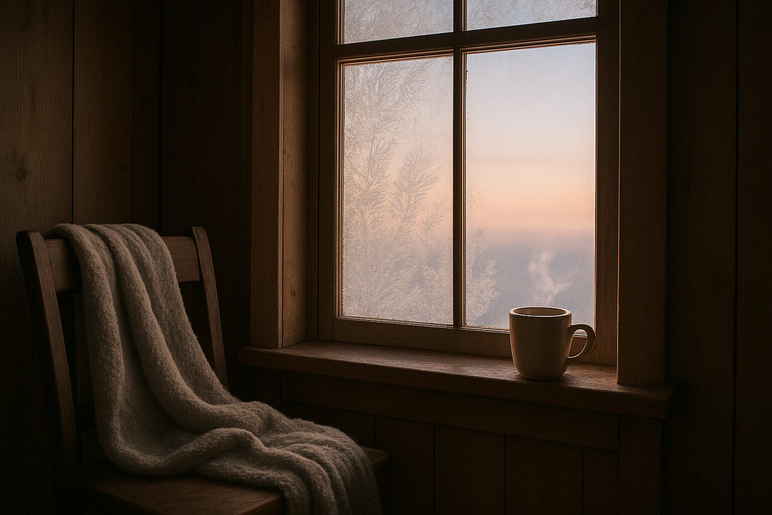 Aube dans la cabane, givre aux vitres et tasse fumante