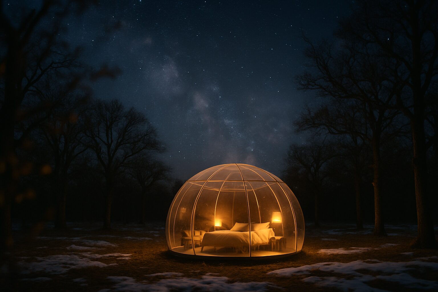 Bulle lumineuse sous les chênes, nuit d’hiver aux étoiles discrètes.
