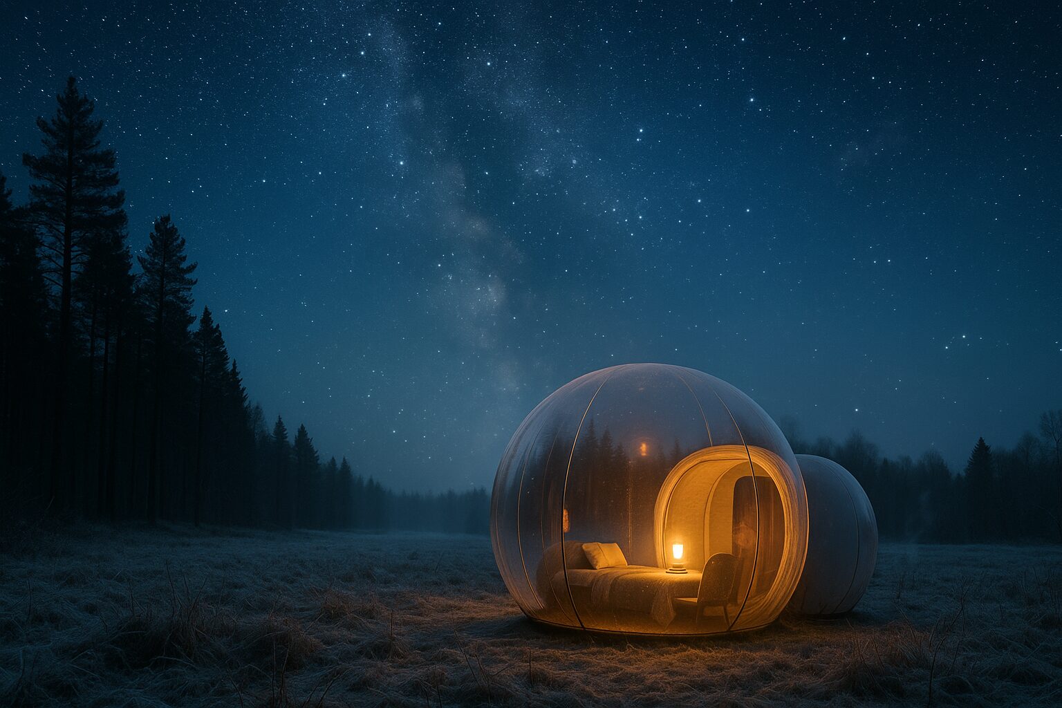 Bulle transparente au cœur d’un pré givré sous un ciel d’hiver étoilé