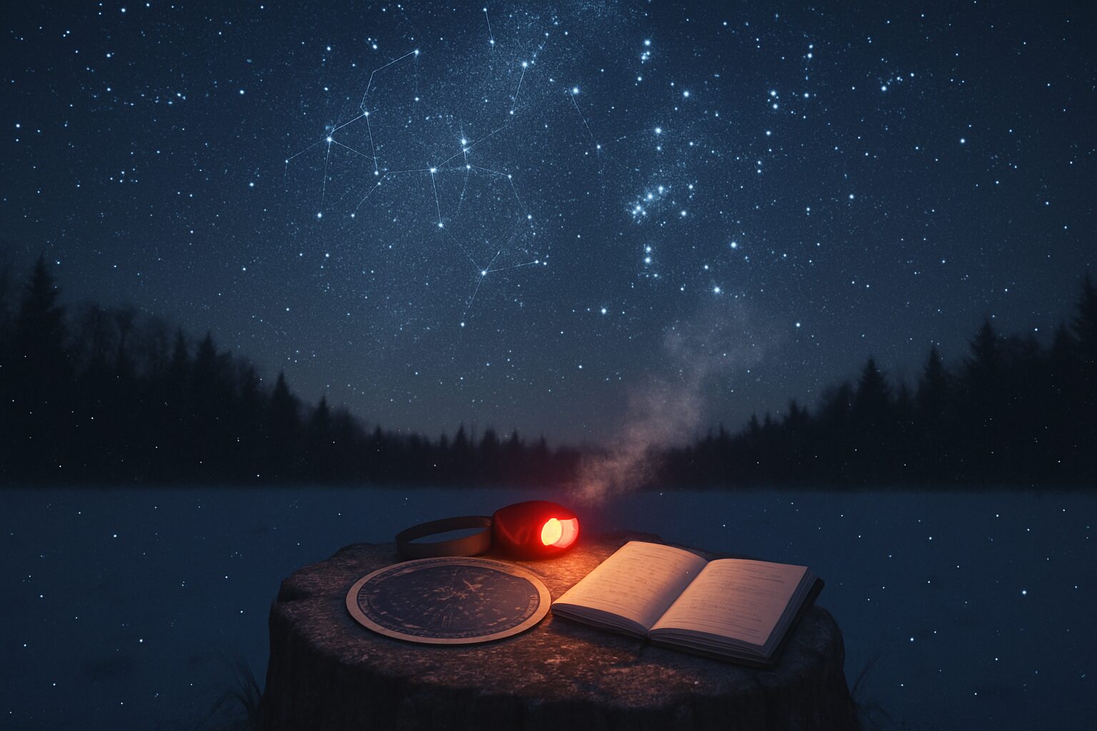 Clairière d’observation du ciel d’hiver avec planisphère