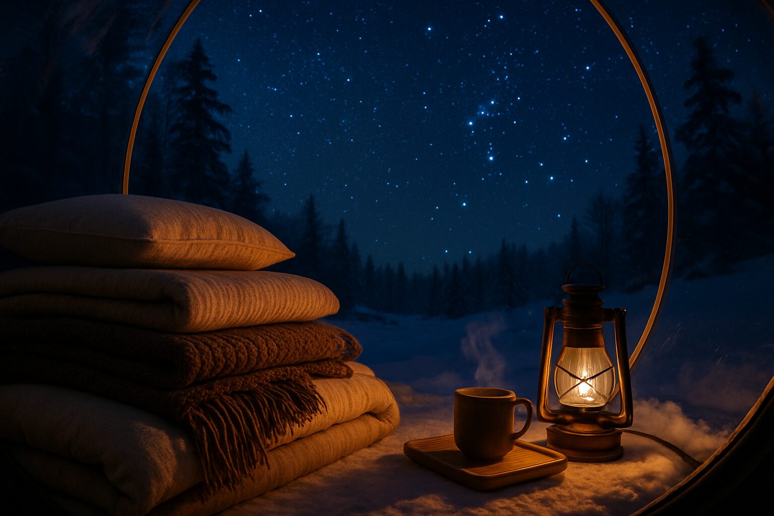 Intérieur d’une bulle hivernale, lanterne allumée et ciel étoilé