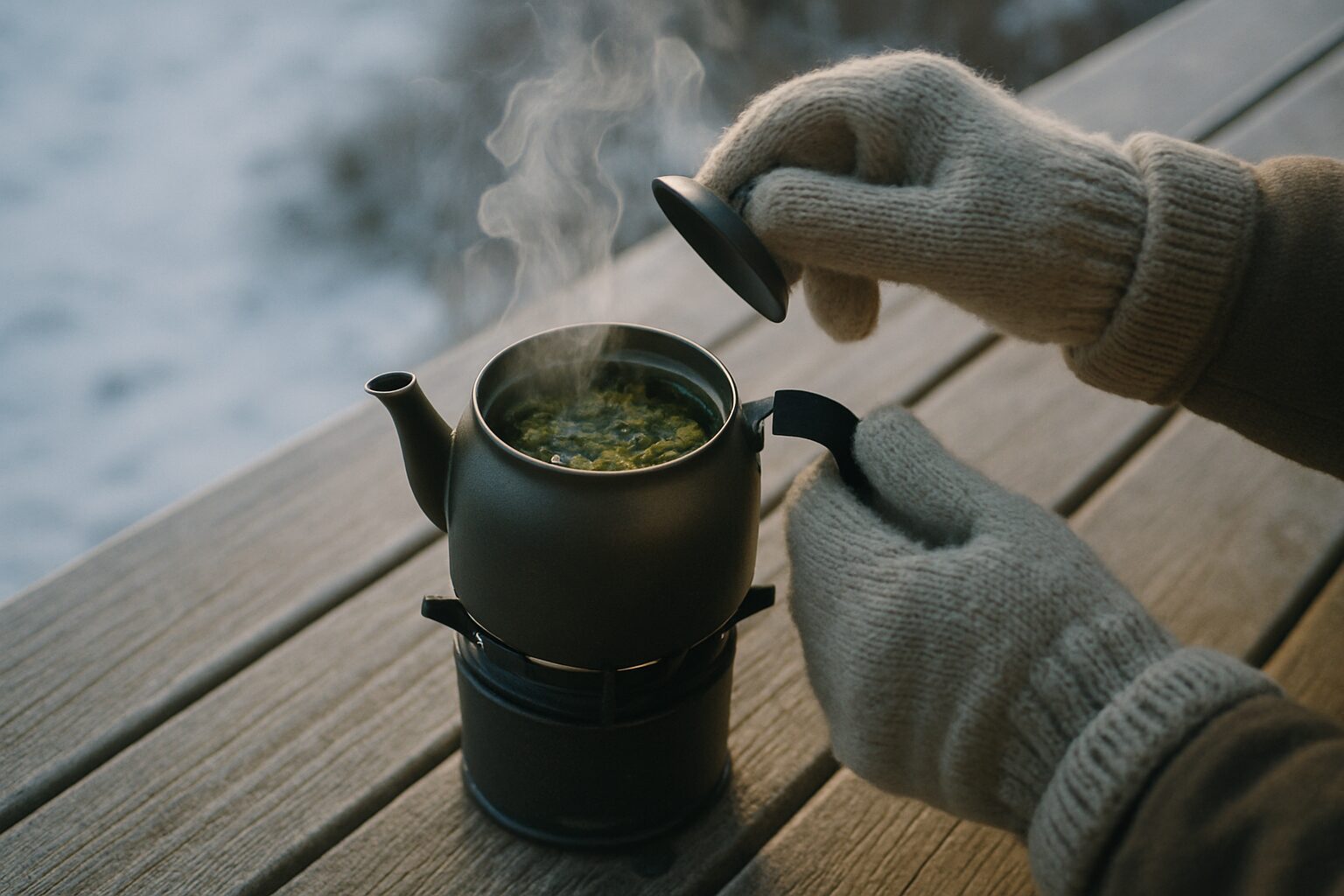 Infusion chaude au petit matin, vapeur dans l’air froid