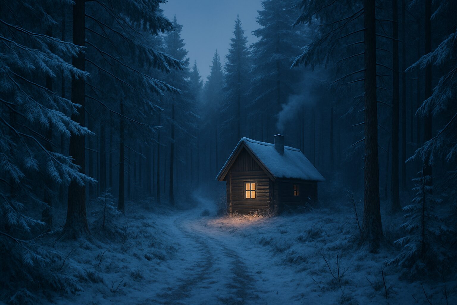 Sentier givré à l’heure bleue menant à une cabane éclairée