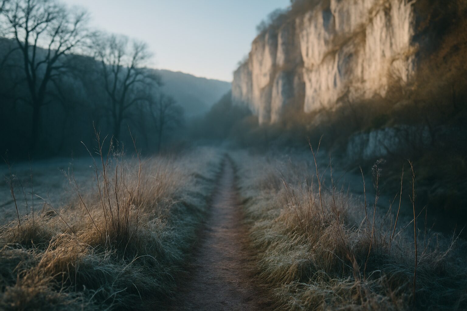 Sentier givré au petit matin dans une vallée calcaire du Quercy.