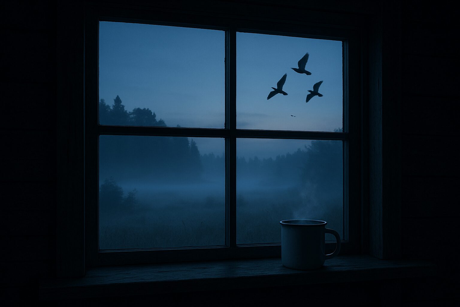 Aurore de juin vue d’une cabane, brume légère sur la prairie
