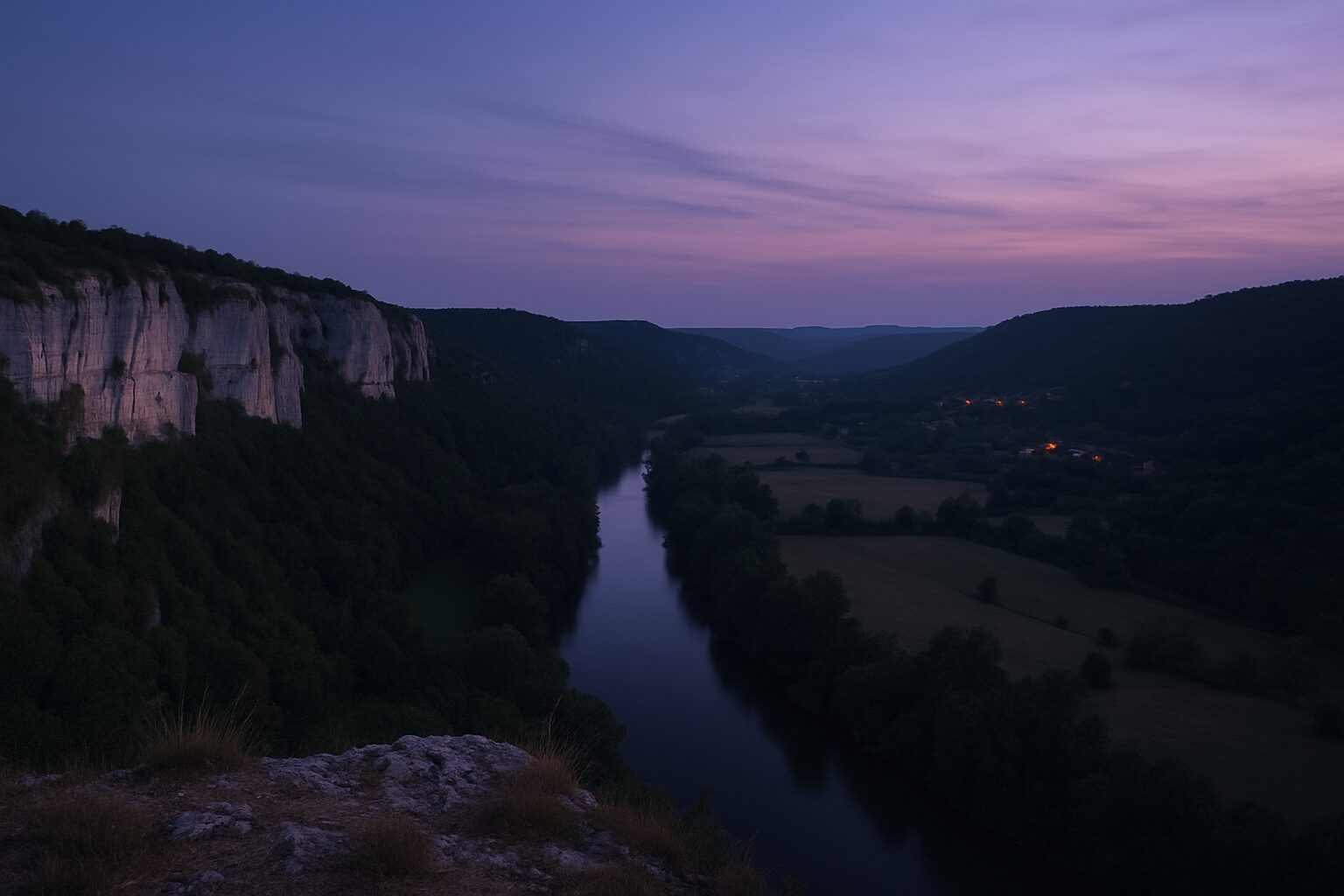 Belvédère sur la vallée du Célé au crépuscule, falaises claires