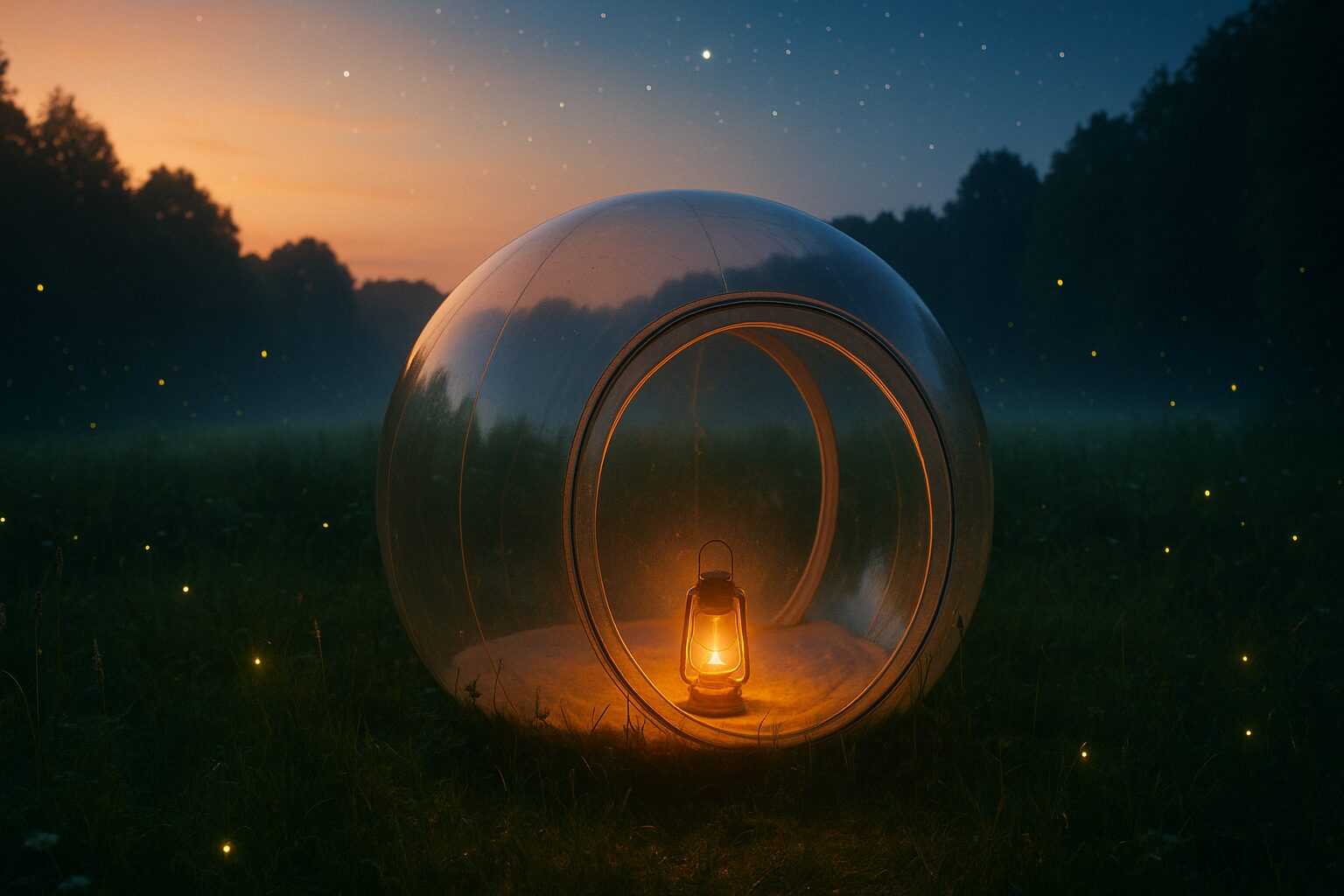 Bulle transparente au crépuscule, premières étoiles de juin au-dessus d’une prairie