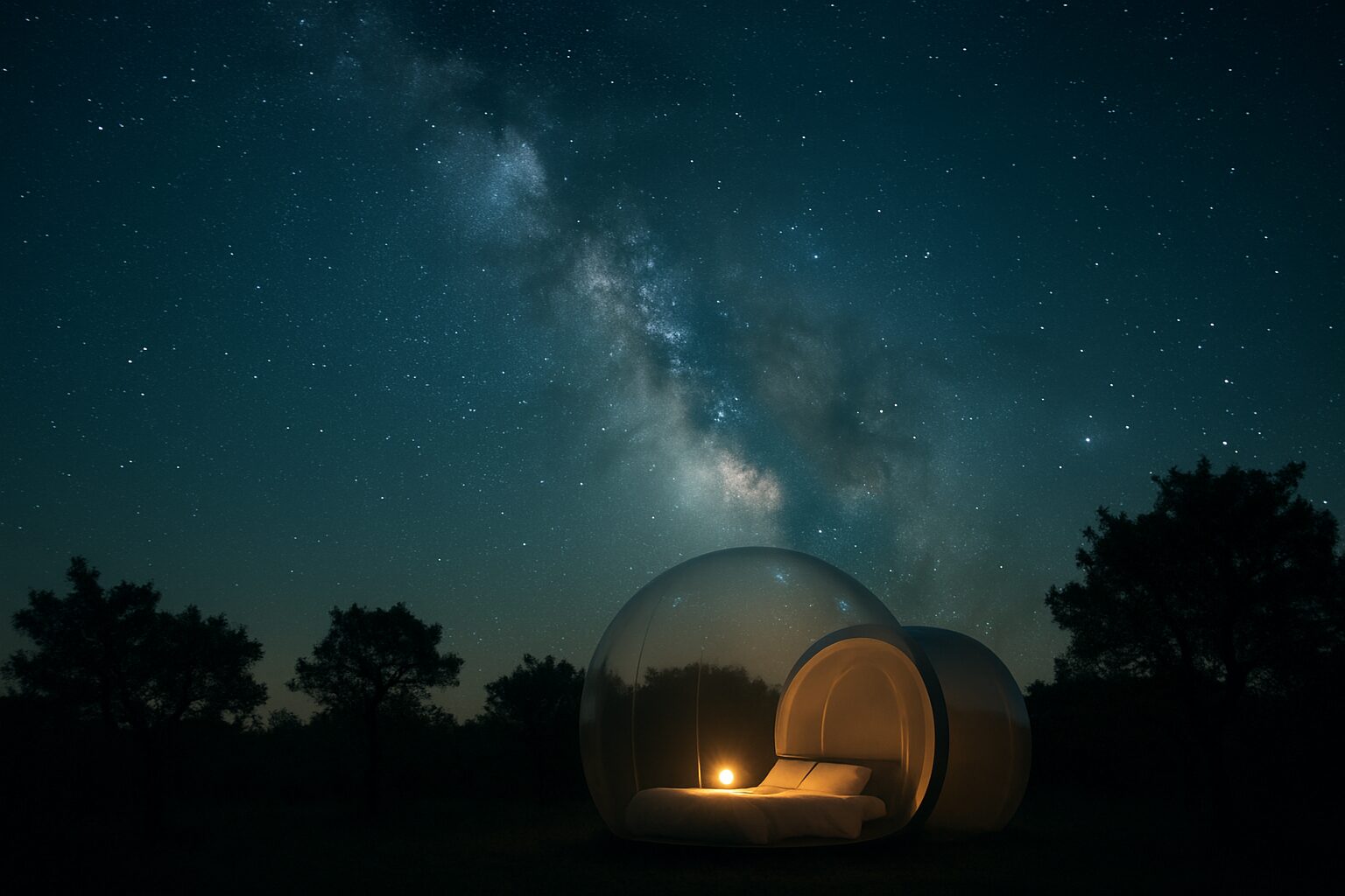 Bulle transparente sous la Voie lactée dans le Quercy, lanternes douces