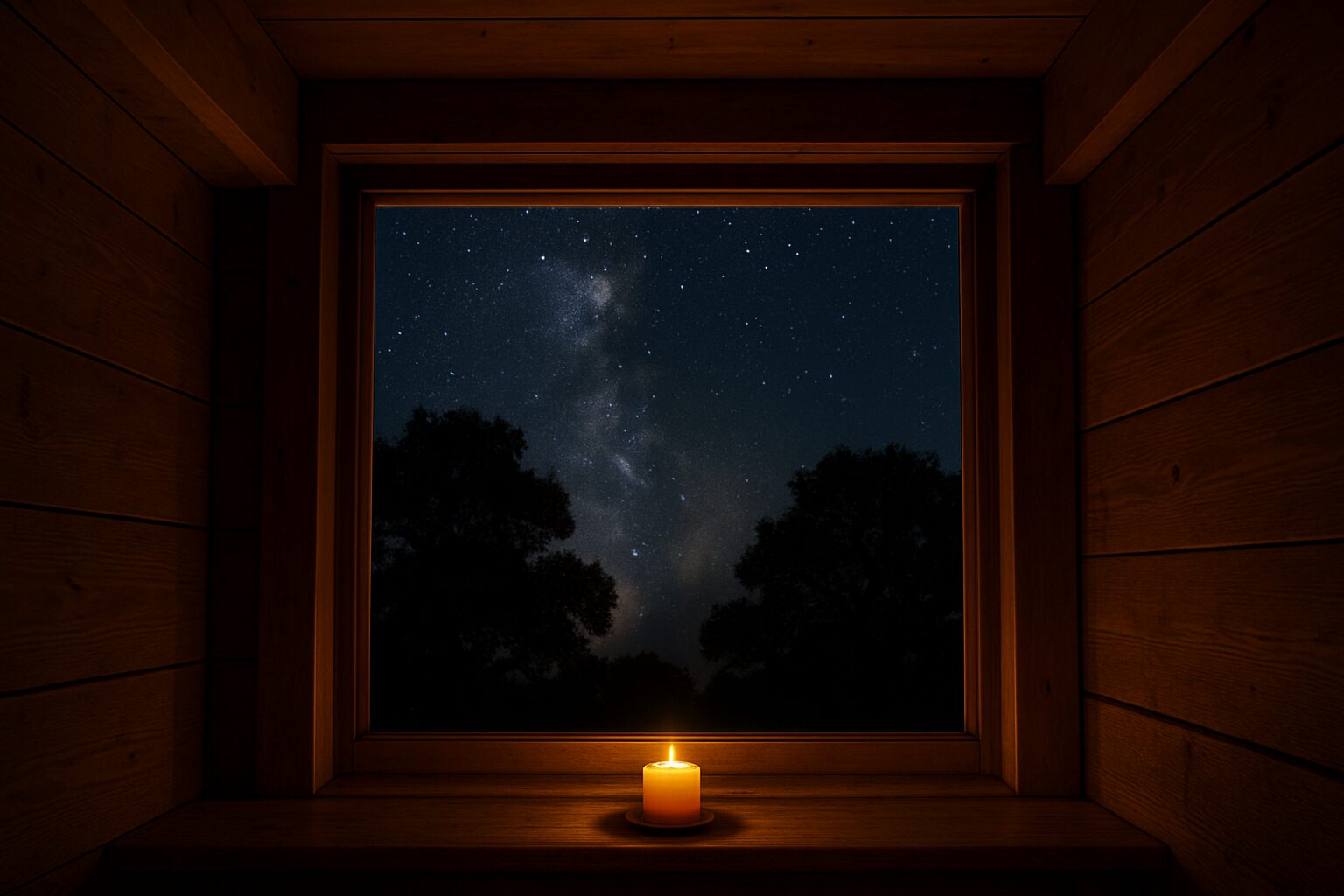 Fenêtre de cabane ouverte sur la nuit étoilée du Quercy