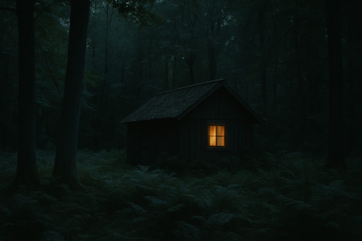 Cabane en bois à la lisière, lumière douce de juin au crépuscule