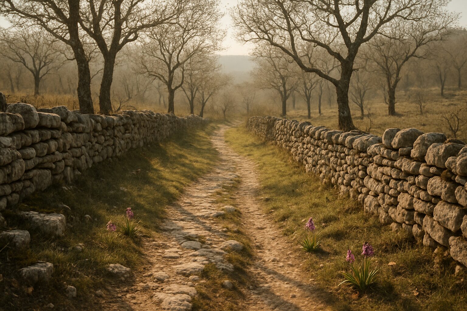 Sentier de causse au printemps dans le Quercy, murets et chênes clairsemés