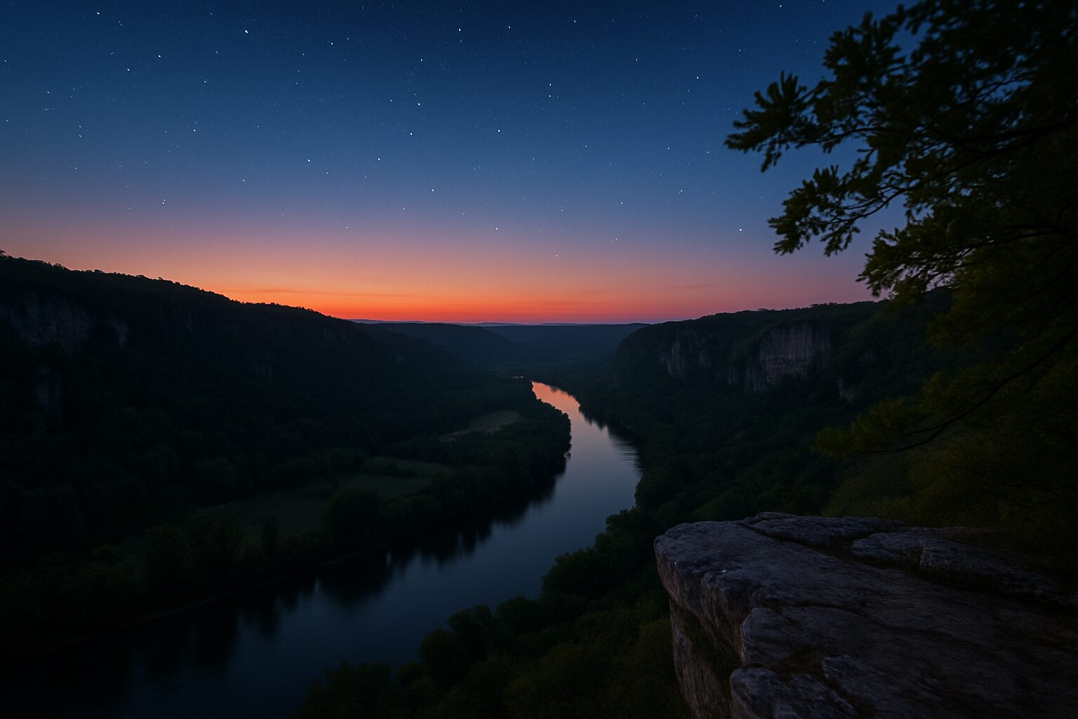 Crépuscule sur la vallée du Lot depuis un belvédère calcaire