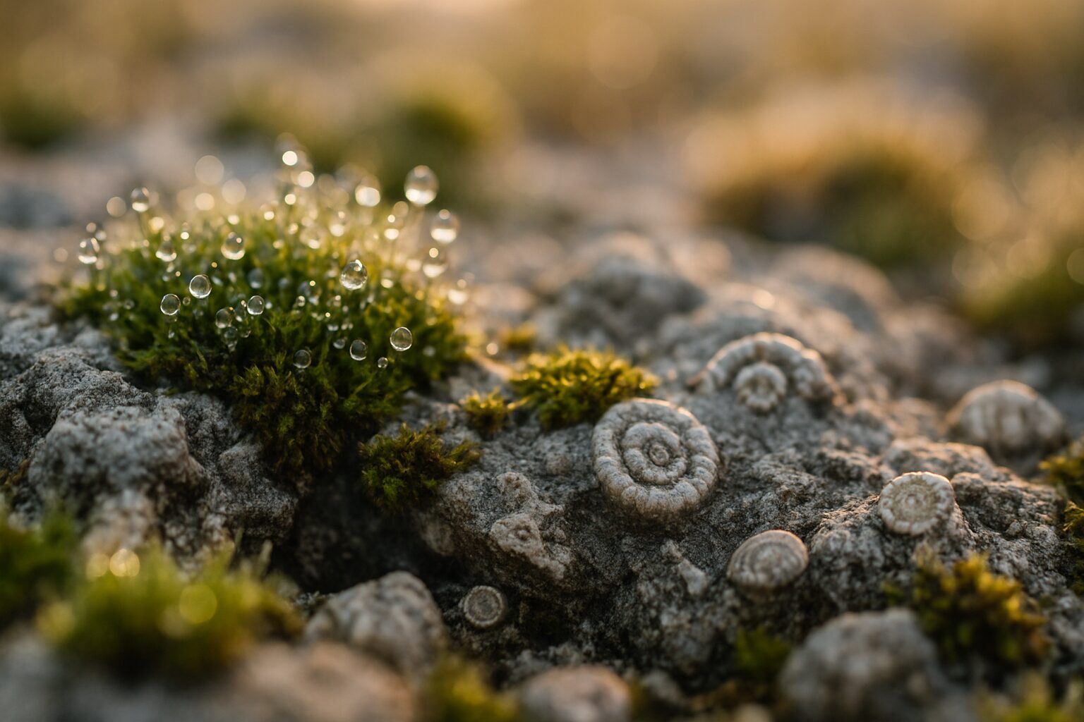 Mousses et pierres calcaires du causse au petit matin