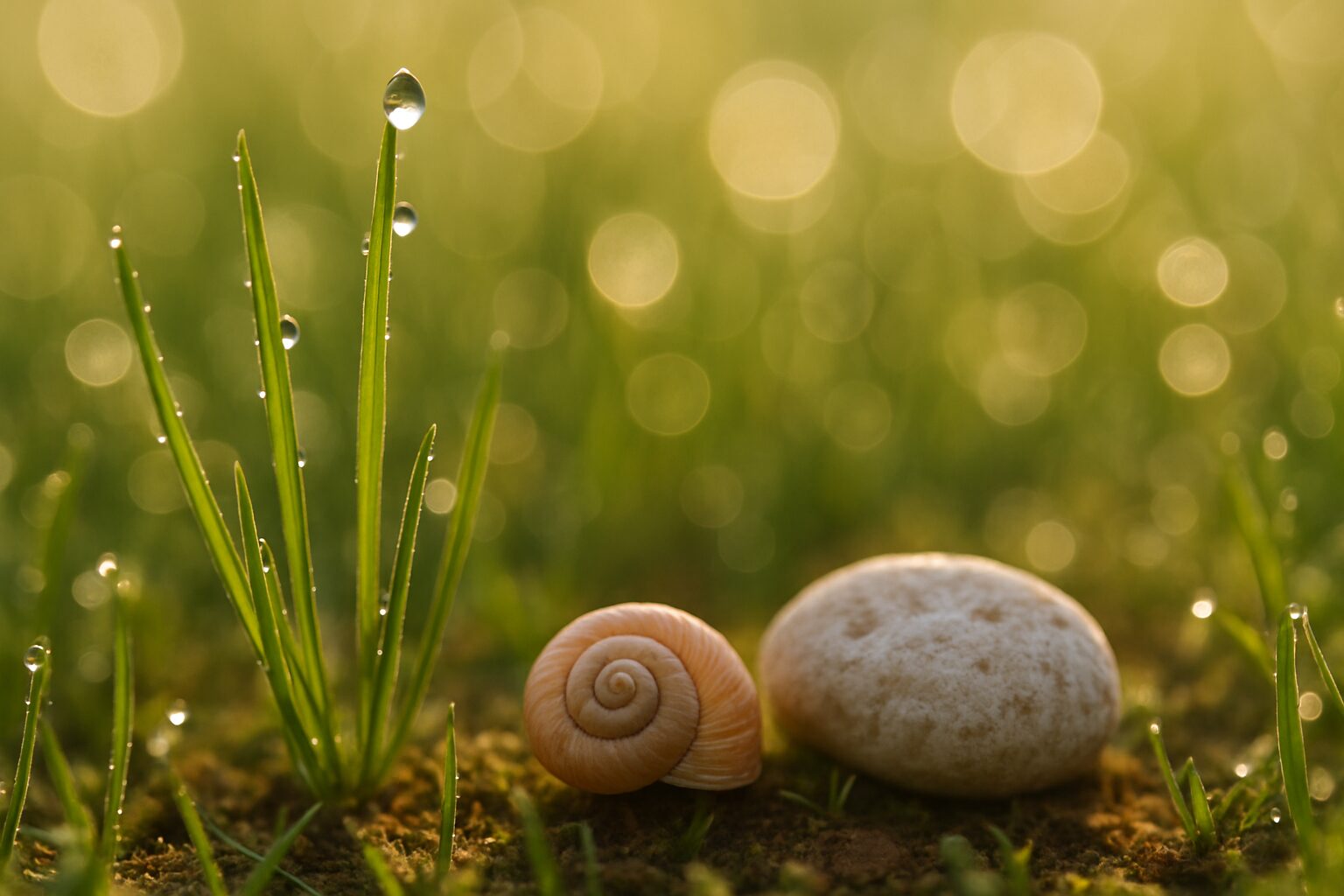 Herbe neuve perlée de rosée près d’un galet calcaire