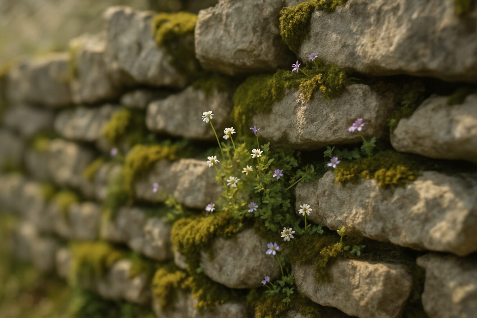 Muret de pierre sèche tiédi par l’avril, mousses et fleurs minuscules