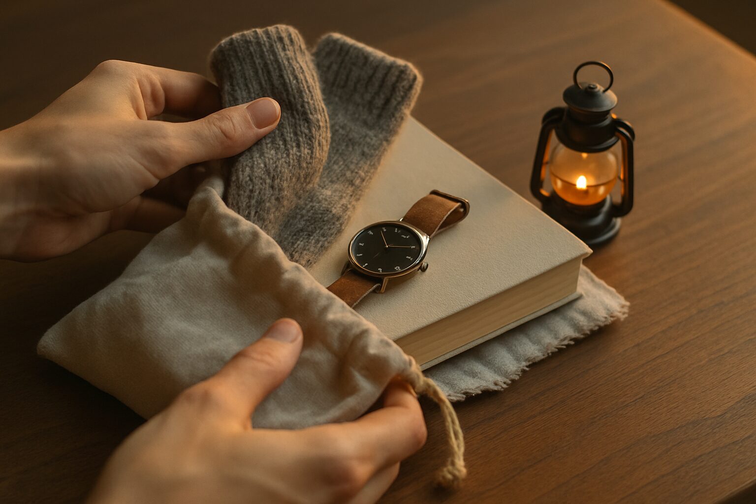 Détail d’un sac minimaliste pour le rituel du soir en cabane