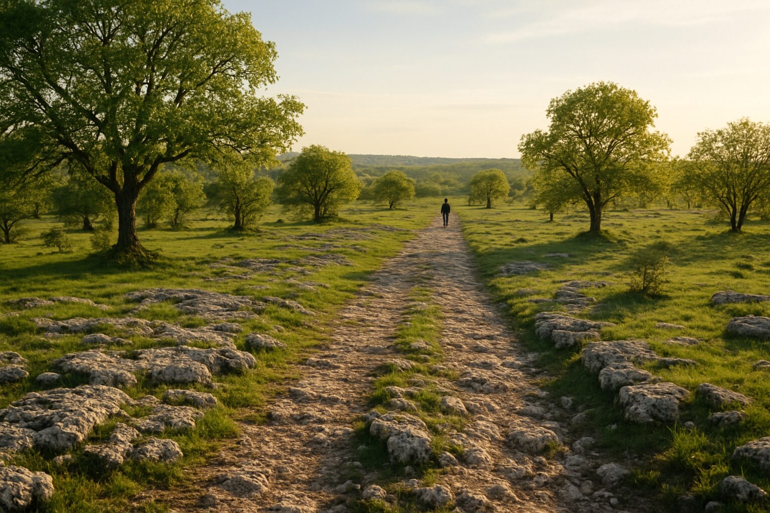Sentier du causse, lumière claire et chênes épars