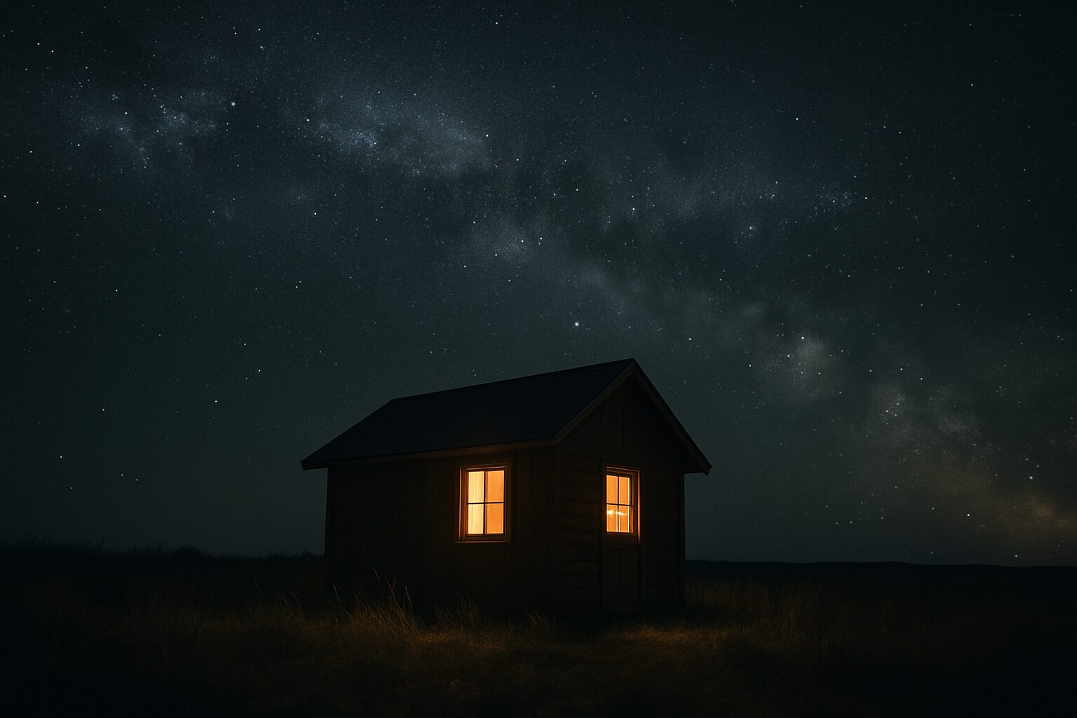 Voie lactée au-dessus d’une cabane en bois, lumière intérieure douce