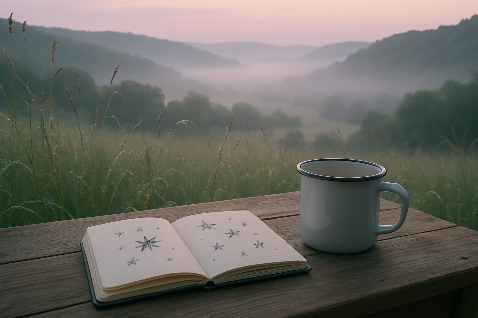 Aurore en Quercy, carnet et tasse sur la terrasse après une nuit d’étoiles