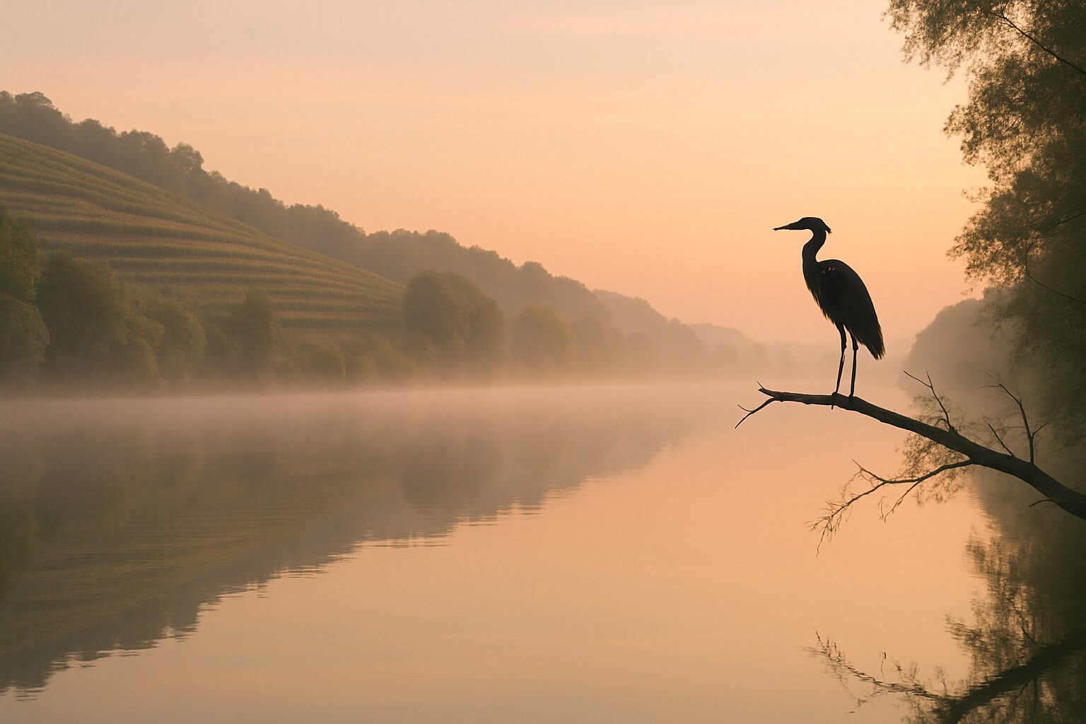 Brume matinale sur la vallée du Lot, eau calme et coteaux en arrière-plan