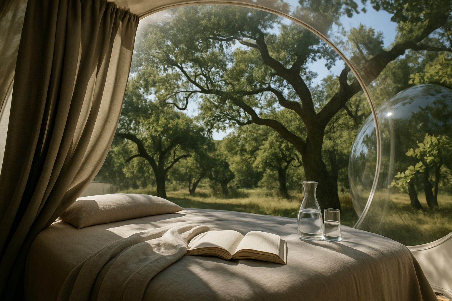 Intérieur de bulle avec voilage tiré, livre ouvert et ombre feuillue d’été