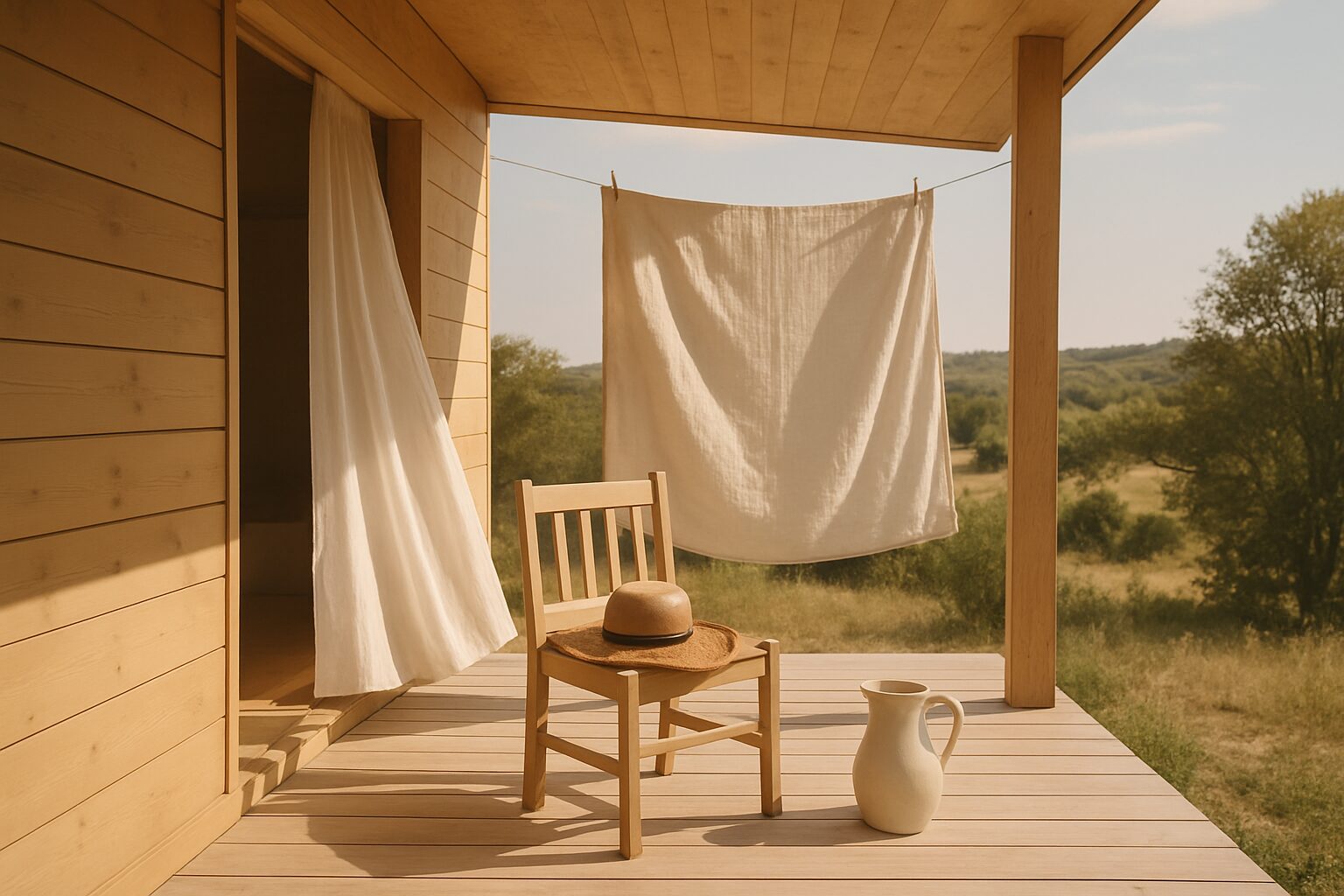Terrasse de cabane minimaliste prête pour la sieste, chapeau et carafe d’eau