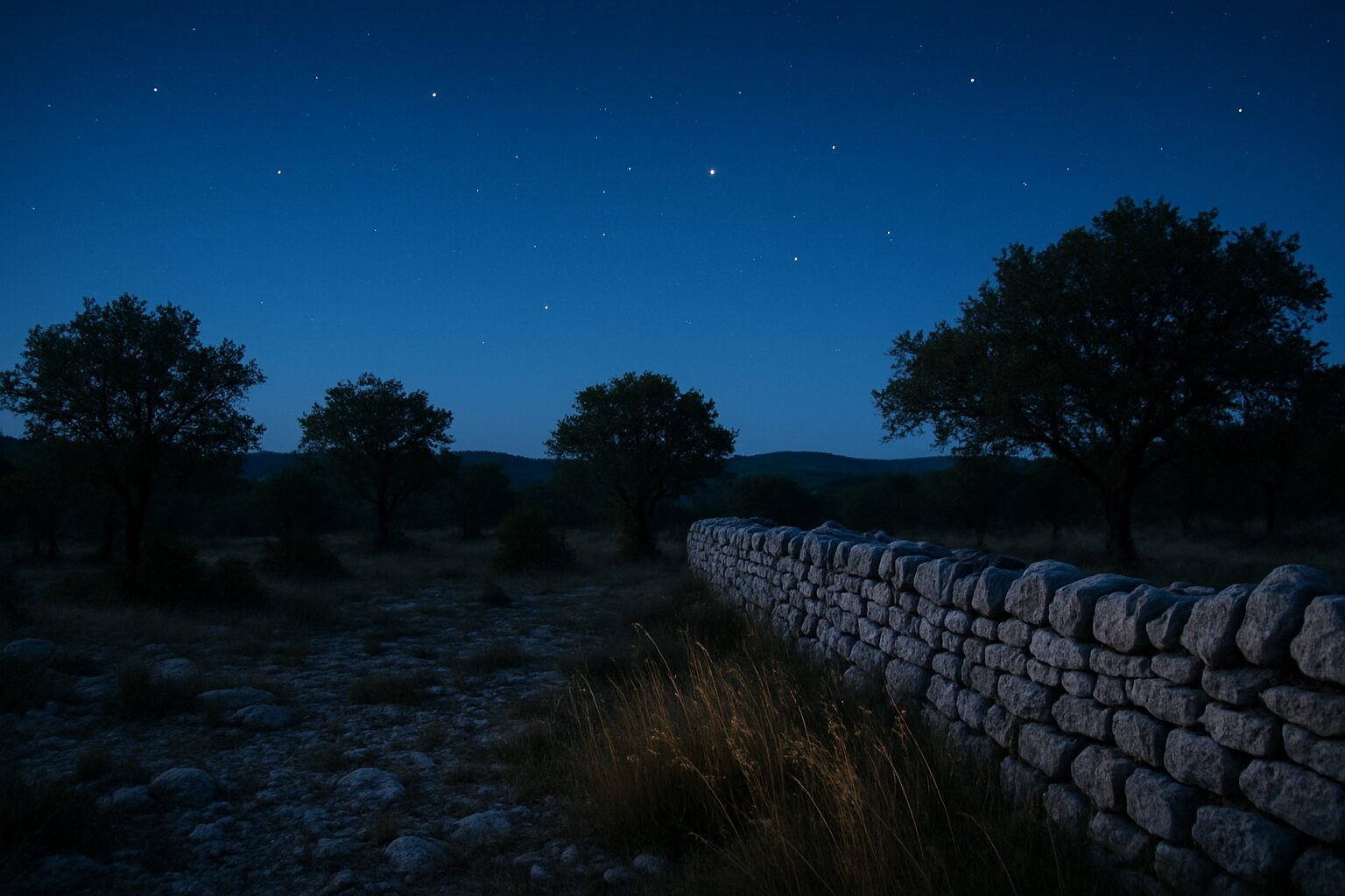 Crépuscule sur les Causses du Quercy, premières étoiles au-dessus des murets de pierre sèche