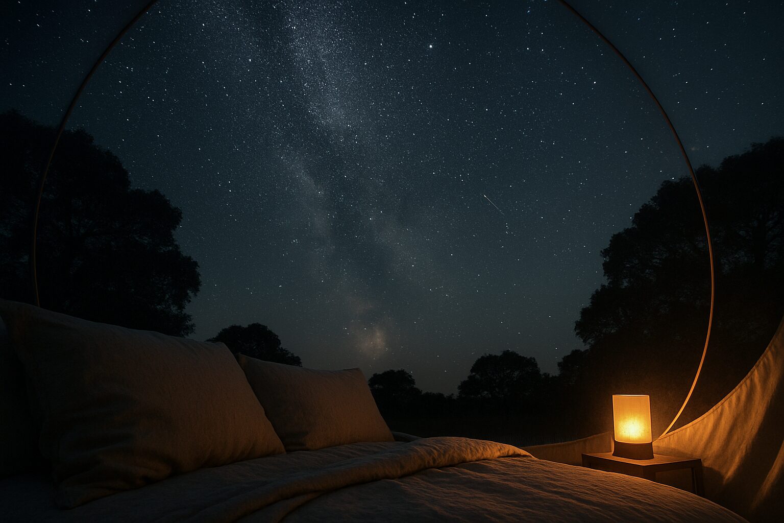 Depuis la bulle, regard levé vers les étoiles; une douce lanterne ambrée accompagne la nuit