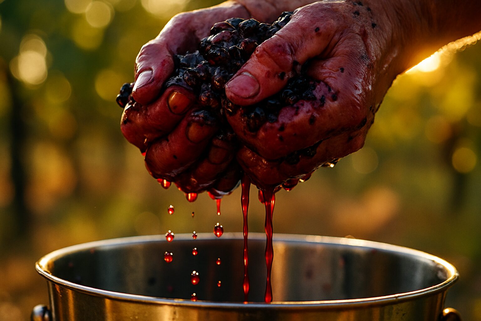 Gestes de vendanges : mains tachées de jus, odeur de moût et lumière chaude