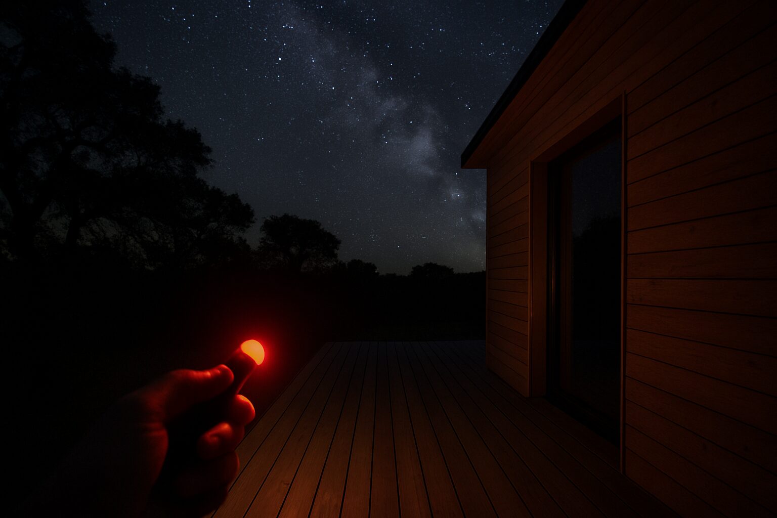 Lampe rouge d’astronomie sur la terrasse d’une cabane en Quercy, Voie lactée au-dessus