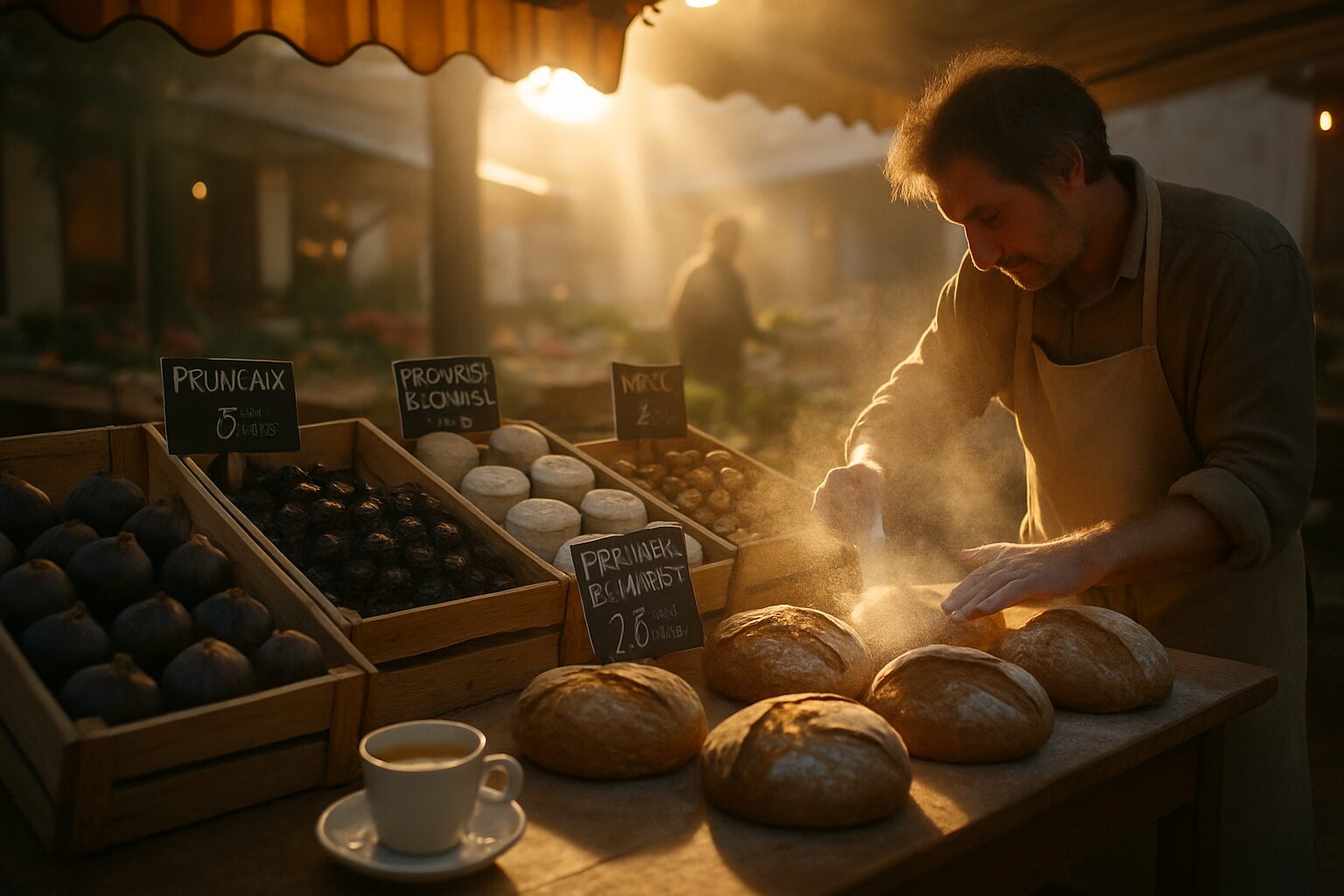 Marché matinal du Quercy : figues, fromages de chèvre et pain chaud sous la lumière basse