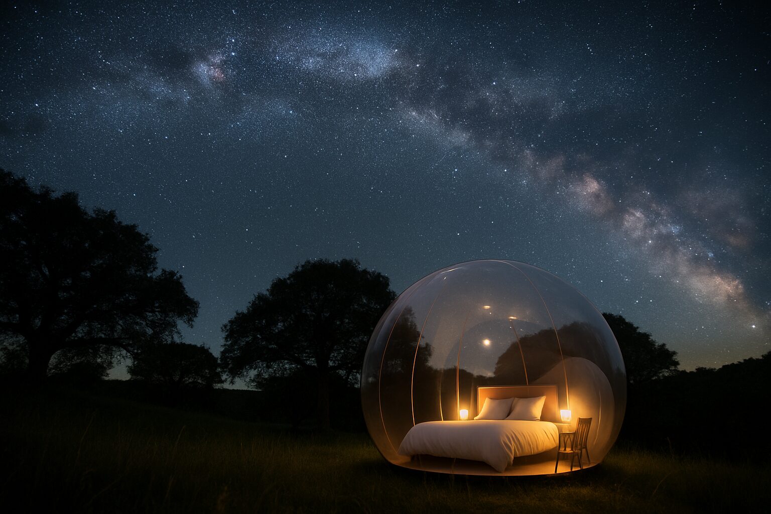 Nuit étoilée au-dessus d’une bulle, Voie lactée et chênes du Quercy
