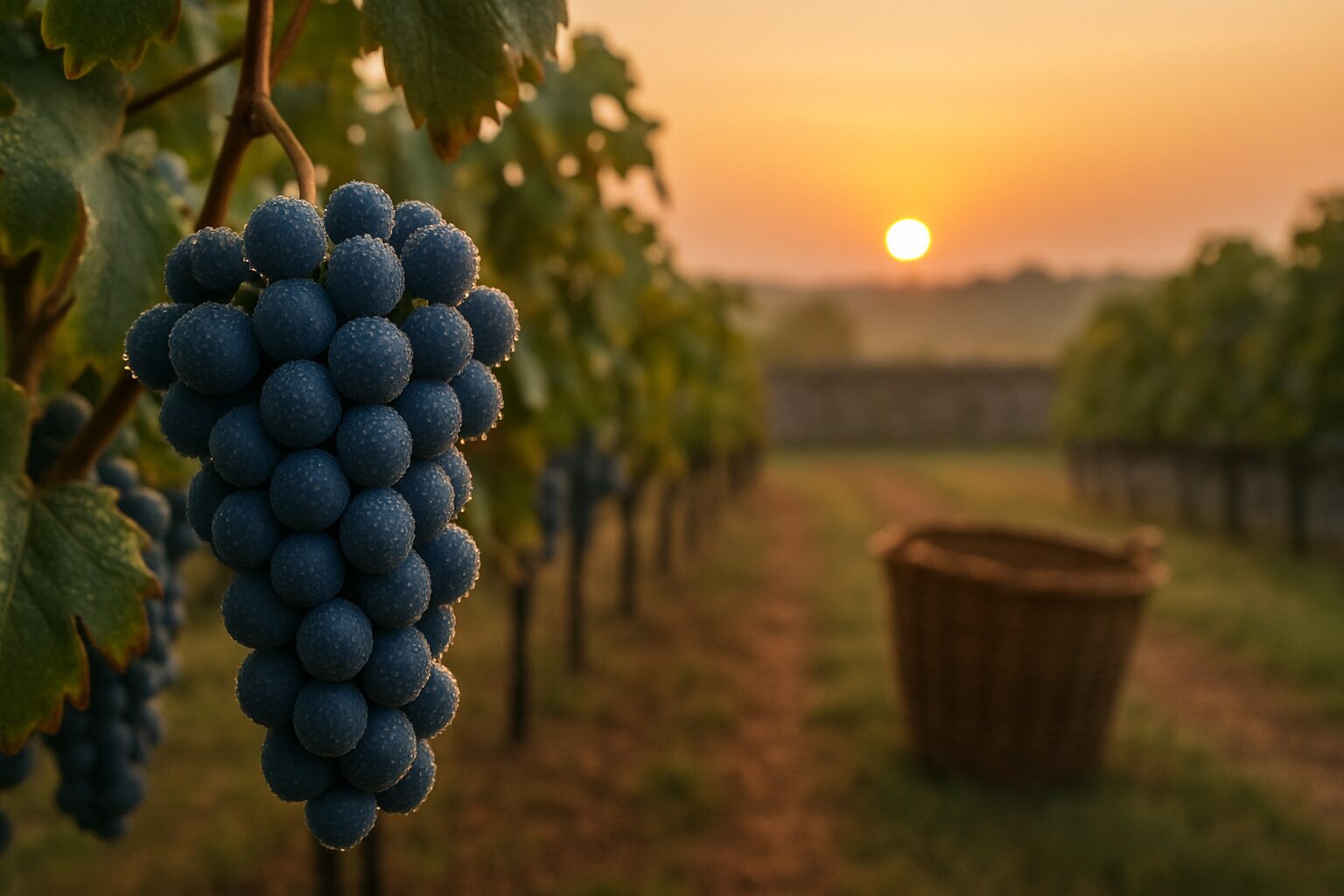 Vignes du Quercy à l’aube de septembre, lumière dorée sur les grappes mûres