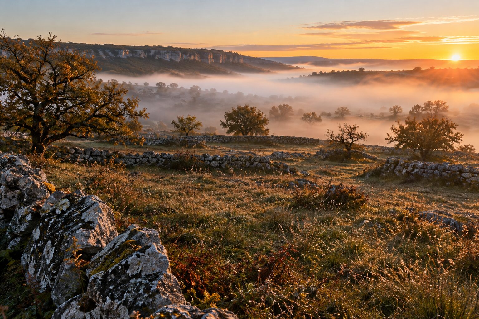 Aube brumeuse sur le causse du Quercy, murets de pierre sèche et herbes perlant de rosée