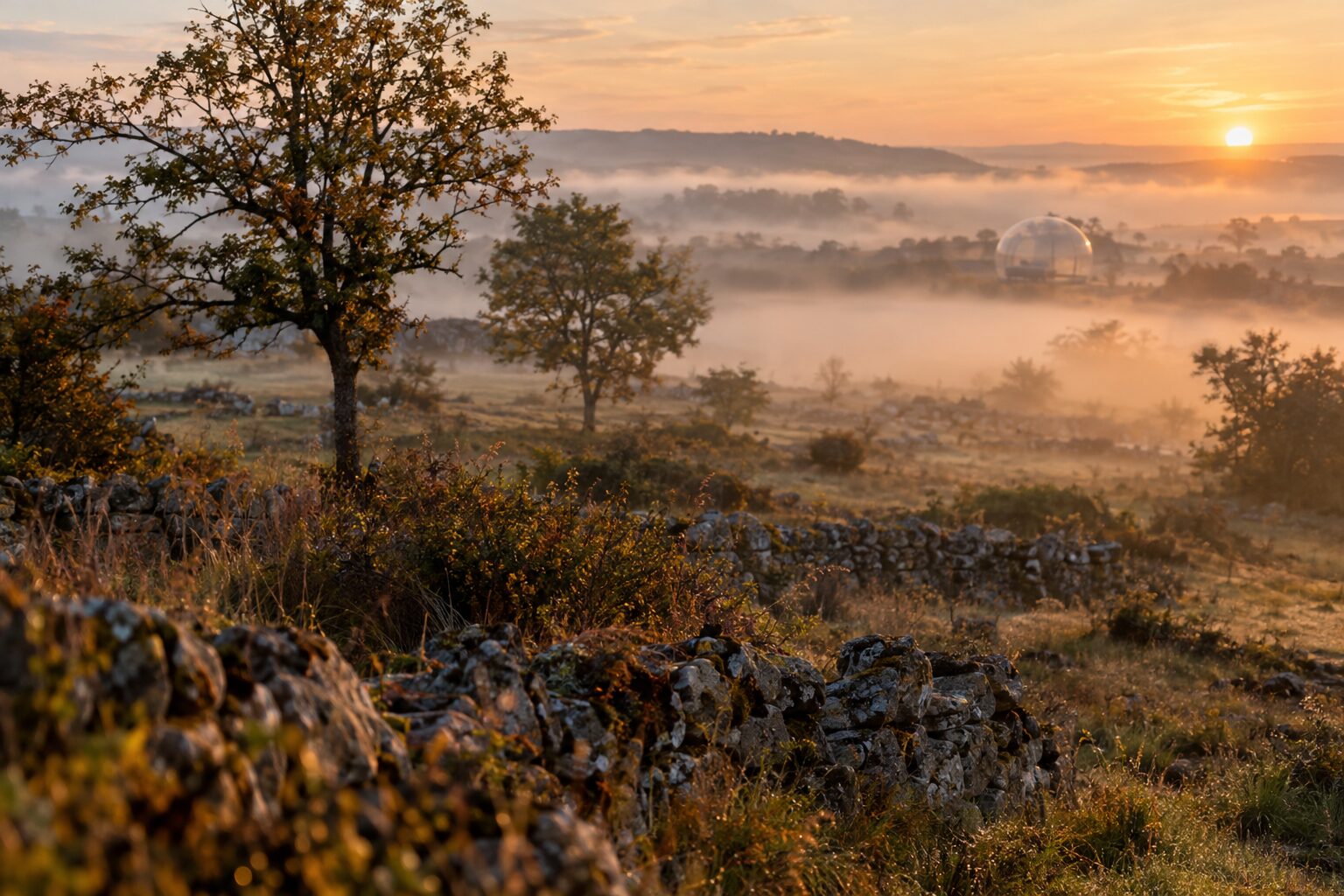 Brume d’automne sur les murets de pierre sèche du causse, à l’aube