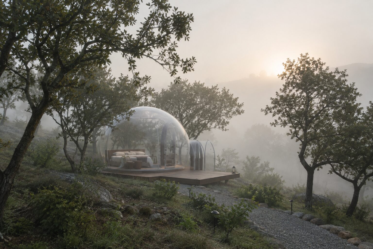 Bulle transparente au milieu de la brume matinale, entre chênes du Quercy