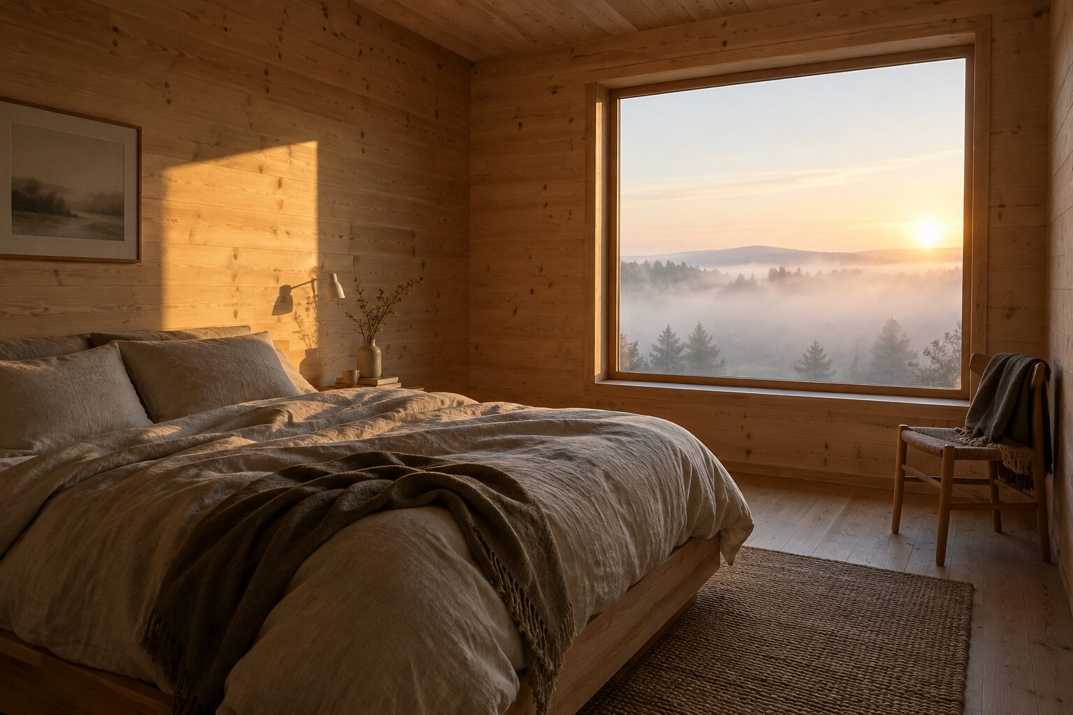 Intérieur d’une cabane en bois, lumière dorée de l’aube et brume au dehors