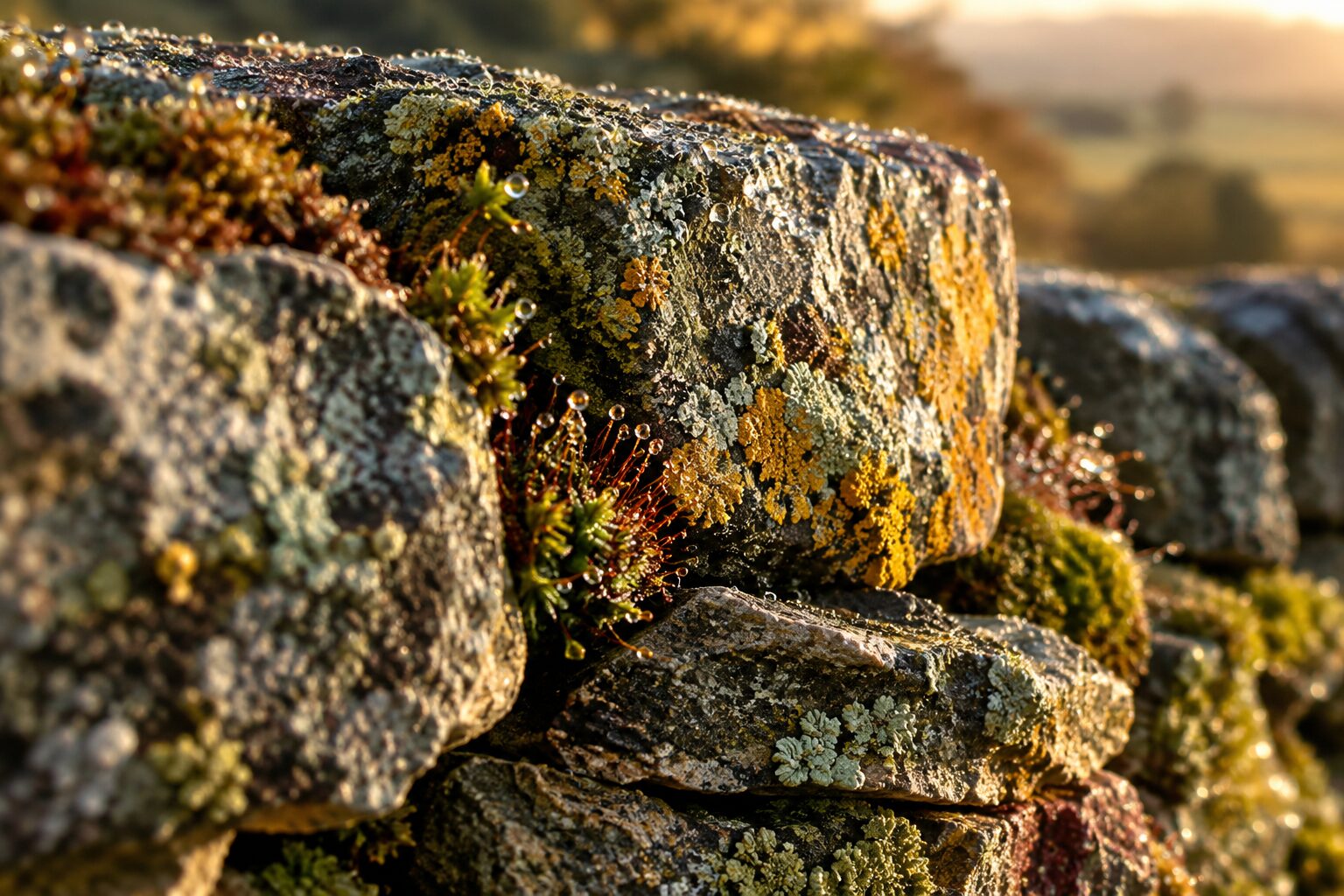 Gouttes de rosée sur un muret de pierre sèche couvert de lichen